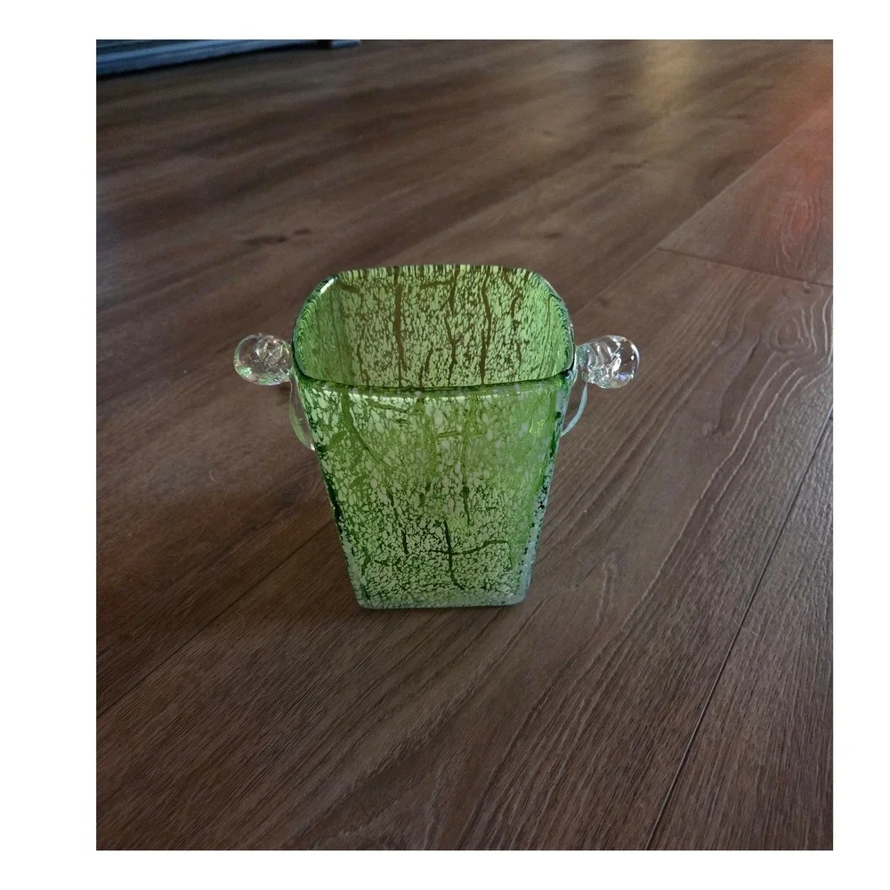 Vintage Green Crackle Art Glass Vase Square Tapered with Clear Handles